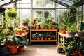greenhouse with transparent walls, numerous potted flowering plants in ceramic pots, indoor oasis gardening and greenery