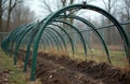 Greenhouse tunnel frame structure without covering in prepared garden bed ready for spring planting. Metal arched construction Royalty Free Stock Photo