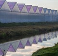 Greenhouses for horticulture with grass, sky, ditch and reflection in water