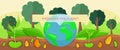 Greening planet concept. Growing and planting tree seedlings in ground vector illustration