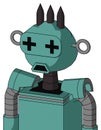 Greenish Mech With Rounded Head And Sad Mouth And Plus Sign Eyes And Three Dark Spikes