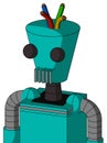Greenish Robot With Cylinder-Conic Head And Vent Mouth And Two Eyes And Wire Hair