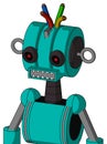 Greenish Robot With Multi-Toroid Head And Square Mouth And Black Glowing Red Eyes And Wire Hair