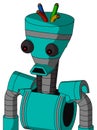 Greenish Robot With Vase Head And Sad Mouth And Red Eyed And Wire Hair