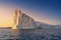Floating glaciers in the rays of the setting sun at polar night