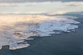 Greenlandic ice cap with frozen mountains and fjord aerial view, near Nuuk, Greenland