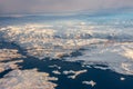 Greenlandic ice cap with frozen mountains and fjord aerial view, near Nuuk, Greenlandg