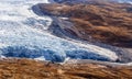 Greenlandic ice cap melting glacier with tundra aerial view, near Kangerlussuaq, Greenland