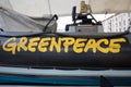 The Greenpeace logo on Raimbow Worrior lifeboats. Royalty Free Stock Photo