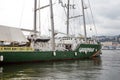 Greenpeace Rainbow Warrior boat anchored in Genoa port, Italy.
