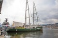 Greenpeace Rainbow Warrior boat anchored in Genoa port, Italy.