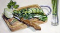 Greens, onions, cucumber sliced on a cutting board.