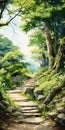 Greenwood Pathway: Hyper Realistic Anime Style Painting Of A Forest Path Royalty Free Stock Photo
