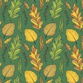 Greeny autumnal background. Pattern of bright fall leaves in yellow and green colors Royalty Free Stock Photo
