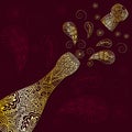 Greeting background with gold patterned champagne bottle with cork emitted. Ornament in ethnic style with the Indian henna motive. Royalty Free Stock Photo