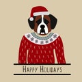 Greeting background with Saint Bernard. A dog with a hat of Santa Claus.