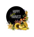 Greeting banner of Harvest holiday with autumn leaves, fruits, berries and vegetables. Vector illustration. Royalty Free Stock Photo