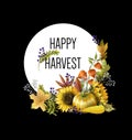 Greeting banner of Harvest holiday with autumn leaves, fruits, berries and vegetables. Vector illustration. Royalty Free Stock Photo