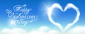 Greeting banner with heart in blue sky with clouds and calligraphic handwritten congratulatory text Happy Valentine day