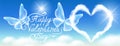 Greeting banner with heart and butterflies in blue sky with clouds and calligraphic handwritten congratulatory text Happy