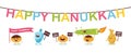 Greeting banner for Jewish holiday Hanukkah . Funny characters with traditional icons candle, dreidel , oil jug and Royalty Free Stock Photo