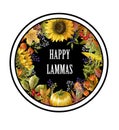 Greeting banner of Lammas holiday with autumn leaves, fruits, berries and vegetables. Vector illustration.