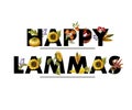 Greeting banner of Lammas holiday with autumn leaves, fruits, berries and vegetables. Vector illustration.