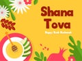 Greeting banner with symbols of Jewish holiday Rosh Hashana, New Year. Shana Tova - Blessing of Happy new year. Vector Royalty Free Stock Photo