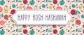 Greeting banner with symbols of Jewish holiday Rosh Hashana , New Year. with white frame for place for your text. vector