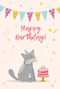 Greeting birthday card template. Celebration cake with color garland flags, cute cat in party hat and confetti on pastel Royalty Free Stock Photo