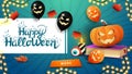 Greeting blue postcard, happy Halloween, card with spell book and pumpkin Jack