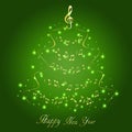 Greeting card with an abstract musical Christmas tree, with notes and treble clef Royalty Free Stock Photo