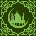 Greeting card in Arabic style. Eastern frame with a green background. Mosque with crescent