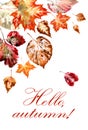 Greeting card with autumn leaves and the inscription `Hello, Autumn!` Royalty Free Stock Photo