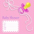 Greeting card for baby girl on baby shower. Baby shower invitation with nipple, ribbon for baby girl. Pink background. illu