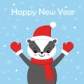 Greeting card with badger, snow and Happy New Year text, cartoon vector illustration Royalty Free Stock Photo