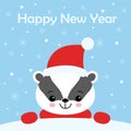 Greeting card with badger, snow and Happy New Year text, cartoon vector illustration Royalty Free Stock Photo