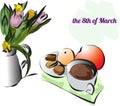 Greeting card of bag with tulips and cup of coffee on march 8th