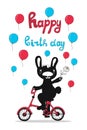 Greeting card with balloons and a cute rabbit on a Bicycle that carries a Daisy. Vector illustration in a cartoon with a hand- Royalty Free Stock Photo