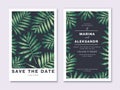 Tropical botanical wedding or party invitation card. Template design with realistic high detailed green palm leaves.