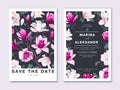 Botanical wedding invitation card. Template design with whiteand pink magnolia flowers. Royalty Free Stock Photo