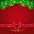 Greeting card banner design template for merry christmas for fir garland decoration and red ribbon and red background Royalty Free Stock Photo