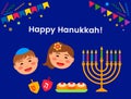 Greeting card or banner for the Jewish holiday of Hanukkah.The traditional symbols of the icon are the dridel, sweets Royalty Free Stock Photo