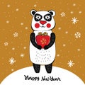 Greeting card or banner New year and Christmas. Cute kawaii panda with gift on gold background among snowflakes in vector. Royalty Free Stock Photo