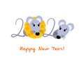 Greeting card or banner with new year 2020. Funny mice or rats hide in numbers among the cheese