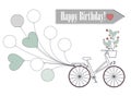 Greeting card with bicycle, balloons and flowers isolated on white background