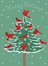 Greeting card with birds red cardinal sitting on the Christmas tree. Vector graphics Royalty Free Stock Photo