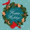 Greeting card with birds red cardinal and wreath. Vector graphics Royalty Free Stock Photo