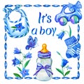 Greeting card for the birth of a boy with a baby bottle Royalty Free Stock Photo