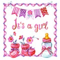 Greeting card for the birth of a girl with a baby bottle and booties Royalty Free Stock Photo